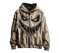Halloween Sweatshirt Men, Scary Face Horror Print Hoodie Steampunk Gothic Pullover With Hood Casual Stylish Long Sleeve Pullover Vintaged Full Zip Drawstring Hoodies Retro Contrast Hoodie White