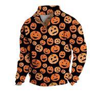 Halloween Sweatshirt Men Scary Pumpkin Print Pullover Tops Button Up Long Sleeve Hneley Jumpers Holiday Costume Adult Scary (Yellow,S)