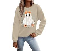 Halloween Sweatshirt Women Cute Ghost Graphic Pullover Casual Ghostly Gift Blouse Vintage Long Sleeve Fall Celebration Top Halloween Themed Party Costume (Khaki, M)