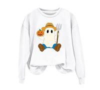 Halloween Sweatshirt Women's Long-Sleeved Pullover Pumpkins and Ghosts Print Jumper without Hood Cute Graphic Pullover Tops Round Neck Long Sleeve Shirt Funny Casual Top Teenager Girls, White, XXL