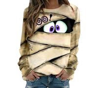 Halloween Sweatshirt Womens Slouchy Jumper Cute Striped Patchwork Spider Graphic Printed Patchwork Tops Long Sleeve Crewneck Pullover Ladies Holiday Party Casual Costumes (A0a3-Khaki, S)