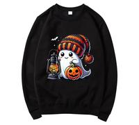 Halloween Sweatshirts For Women Cute Print Long Sleeve Shirt Round Neck Pullover Funny Graphic Tops plus Size Halloween Sweatshirt (Black, XL)