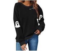 Halloween Sweatshirts for Women Lightweight Pullover Jumpers Cute Ghost Graphic Print Sweater Crewneck Long Sleeve Top Loose Fit Tunic Tops Fleece Lined Fall Winter Jumper Fancy Festival Outfits