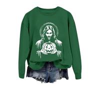 Halloween Sweatshirts for Women Plus Size Funny Pumpkin Shirts Plus Size Halloween Costumes Long Sleeve Pullover O Neck Jesus Tops Horror Festival Outfits Clothing (Green, L)