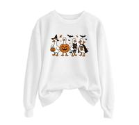 Halloween Sweatshirts for Womens Cute Pumpkin Print Round Neck Pullover Style Autumn Fashion Long Sleeve Oversized Comfort Fit Sweatshirt Comfortable Loose Top Themed Collection White