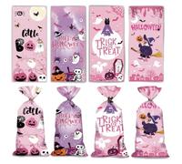 Halloween Sweet Bags, 50-Pack, 4 Pink And Purple Designs, 12.5 × 27.5 cm | Pumpkin, Ghost, Bat And Haunted House Prints, Twist-Tie Closure, For Sweets At Parties And Trick-Or-Treating