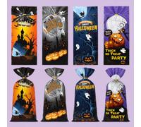 Halloween Sweet Bags With Ties, 50-Pack, 4 Designs, 12.5 × 27.5 cm | Pumpkin, Ghost, Bat And Haunted House Prints, Twist-Tie Closure, For Sweets At Parties And Trick-Or-Treating