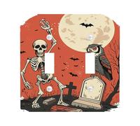 Halloween Switch Cover Plates Skeleton Graveyard Spooky Theme Orange Black Gothic Wall Accents Thermoplastic Standard Size Double Rocker