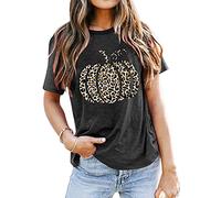 Halloween T Shirt for Women Pumpkin Leopard Print Tops Shirts Short Sleeve Casual Loose Tee Grey