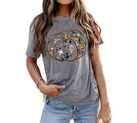 Halloween T Shirt for Women Pumpkin Leopard Print Tops Shirts Short Sleeve Casual Loose Tee LightGray