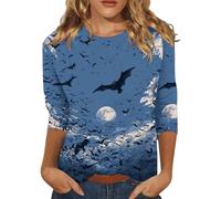 Halloween T-Shirt for Women UK Fall Pumpkin Ghost Print T-Shirts 3/4 Length Sleeve Trendy Top Witchy Festival Family Party Celebration Basic Blouse Halloween Street Travel (Light Blue, XXXL)