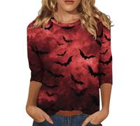 Halloween T-Shirt for Women UK Fall Pumpkin Ghost Print T-Shirts 3/4 Length Sleeve Trendy Top Witchy Festival Family Party Celebration Basic Blouse Halloween Street Travel (Red, M)