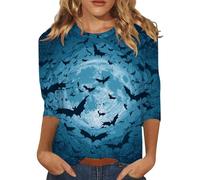 Halloween T-Shirt for Women UK Fall Pumpkin Ghost Print T-Shirts 3/4 Length Sleeve Trendy Top Witchy Festival Family Party Celebration Basic Blouse Halloween Street Travel (Dark Blue, XXL)
