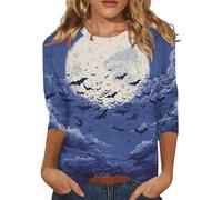 Halloween T-Shirt for Women UK Fall Pumpkin Ghost Print T-Shirts 3/4 Length Sleeve Trendy Top Witchy Festival Family Party Celebration Basic Blouse Halloween Street Travel (Blue, L)