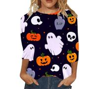 Halloween T-Shirt for Women UK Fall Pumpkin Ghost Print T-Shirts Casual 3/4 Length Sleeve Top Happy Festival Family Party Celebration Halloween Themed Parties Costume (Purple, S)