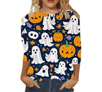 Halloween T-Shirt for Women UK Fall Pumpkin Ghost Print T-Shirts Casual 3/4 Length Sleeve Top Happy Festival Family Party Celebration Halloween Themed Parties Costume (Blue, XXXL)