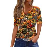 Halloween T-Shirt for Women UK Fall Pumpkin Print Buttons Neck T-Shirts Short Sleeve Loose Fit Top Scary Festival Thanksgiving Celebration Blouse Halloweentown University Tops (Light Green, XXXL)