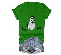 Halloween T-Shirt for Women UK Fall Spooky Ghost Print T-Shirts Short Sleeve Loose Fit Trendy Top Colorful Playful Quirky Outfit Clothes for Halloween Costume Parties (Green, S)