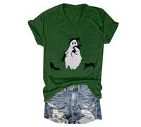 Halloween T-Shirt for Women UK Fall Spooky Ghost Print T-Shirts Short Sleeve Loose Fit Trendy Top Colorful Playful Quirky Outfit Clothes for Halloween Costume Parties (Light Green, M)