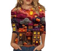 Halloween T-Shirt for Women UK Funny Pumpkin Printed Spooky Season Shirts 3/4 Length Sleeve Top Colorful Playful Quirky Outfit Clothes Halloween Friend Gatherings Tops (Dark Blue, M)
