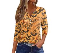 Halloween T-Shirt for Women UK Funny Pumpkin Printed Spooky Season Shirts 3/4 Sleeve Loose Fit Top Playful Festival Retro Style Outfit Clothes for Halloween Costume Parties (Orange, XXXL)