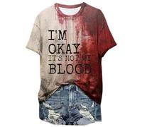 Halloween T Shirt I'm Okay It's NOT My Blood Short Sleeve Round Neck Tees with Bloody Printed Shirts Blood Halloween Costume Horror Lightweight T-Shirt Tops