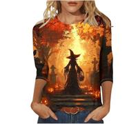Halloween T Shirt Women Smart Casual Graphic T-Shirts Funny Witch Tops | 3/4 Sleeve Stretch Fit Tees Novelty Classic Round Neck T Shirts Ladies Scary Clothing for Halloween