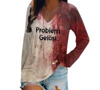 Halloween T Shirts for Women UK Problem Solved Bloody Shirt Long Sleeve Casual Tee Athletic V Neck
