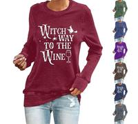 Halloween T Shirts for Women Witch Way to The Wine Funny Witch T Shirts Scary Halloween Shirts Long Sleeve Tops Tunic Pullover Festival Clothes (Dark Blue, M)
