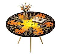 Halloween Table Cloth - Waterproof Stain-Resistant Protector with Elastic Edge - Fall Round Fitted Tablecloth - for Dining Picnic Camping Family Gathering Kitchen Patio Terrace