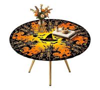 Halloween Table Cloth | with Elastic Edge Pumpkin Skeleton Bat Witch Hat - Fall Round Fitted Tablecloth,for Dining Kitchen Indoor Outdoor Patio Picnic Camping Holiday Party