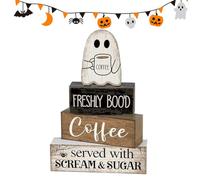 Halloween Table Decor Coffee Ghost Wooden Sign, Halloween Tiered Tray Decor, Wooden Ghost Accent, Block Display Centrepiece, 15x3.9x19cm, For Kitchen Bar Shelf