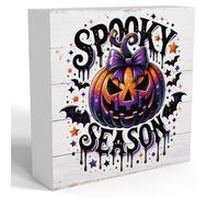Halloween Table Decorations Indoor Spooky Home Decor Gifts Party Vintage Bat Rustic Pumpkin Wooden Box Sign for Bedroom Bathroom Kitchen Living Room Office House Shelf 5x5 inch