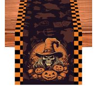 Halloween Table Runner, 13 x 72 Inch Orange Black Buffalo Plaid Skull Pumpkins Table Runner, Vintage Seasonal Fall Kitchen Dining Table Check Line Decor for Home Kitchen Halloween Party Supplies