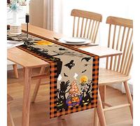 Halloween Table Runner, 13 x 72 Inch Vintage Orange & Black Gnome Buffalo Plaid Table Runner, Seasonal Fall Holiday Kitchen Dining Polyester Check Table Line for Home Party Decor