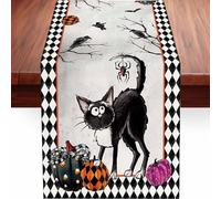 Halloween Table Runner, 13x70 inch Haunted House Decorative Holiday Tableet Runner, Trick or Treat, Table Runner for Home Kitchen Dining Tables Holidays Party Decor Supplies (Black cat)