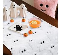 Halloween Table Runner, Cute Ghost Soft Plush Faux Fur Jacquard Tablecloth Fall Dining Table Cloth Halloween Decor for Autumn Kitchen Home Indoor Party Supply Decorations(White)