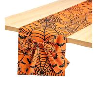 Halloween Table Runner - Linen Orange and Spider Web Bat Spider Pattern Table Runner for Halloween 72x13 Inch, Holiday, Home, Kitchen, Mantel, Dining Table Decor, Spooky Party Supplies Decorations