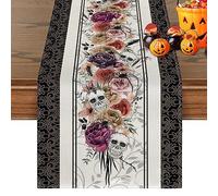 Halloween Table Runner Skull Rose Print Tablecloth Waterproof Table Decor Gothic Unfading Heat Resistant Halloween Decoration for Dining Table TV Stand 13x72inch
