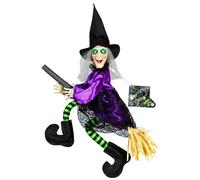Halloween Talking Witch on Broom Glowing Eyes Animated Decoration 70cm