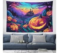 Halloween Tapestry,Horror Theme Ghosts Mountains Pumpkins Design Tapestries, Horror Haunted House Halloween Decorative Wall Cloths, Purple Party Decoration Backdrop Wall Towel for Bedroom, 130×150cm