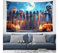 Halloween Tapestry,Horror Theme Skull Spider Web Wooden Fence Design Tapestries, Fantasy Full Moon Halloween Decorative Wall Cloths, Blue Party Decoration Backdrop Wall Towel for Bedroom, 150×200cm