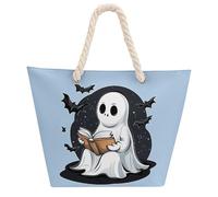 Halloween Teacher Ghost Read Books Tote Bags for Women Men Shoulder Beach Bag Shopping Handbag with Hemprope Handle