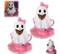 Halloween Teacup Ghost Statue, Ghost Reading Book Teacup Statue, Cute Resin Pink Ghost in The Tea Cup Reading a Book, Funny Spooky Pink Ghosts Sculpture with Tray, Halloween Tabletop Decor (2Pcs)