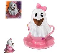 Halloween Teacup Ghost Statue, Ghost Reading Book Teacup Statue, Cute Resin Pink Ghost in The Tea Cup Reading a Book, Funny Spooky Pink Ghosts Sculpture with Tray, Halloween Tabletop Decor (1Pcs)