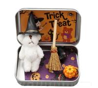 Halloween Teddy Bear in a Box for Trick or Treat, Mini Witch Bear in Box with Wizard Hat Broom Pumpkin & Cat Decor (White)