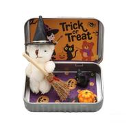 Halloween Teddy Bear in a Box for Trick or Treat, Mini Witch Bear in Box with Wizard Hat Broom Pumpkin & Cat Decor (Off-white)