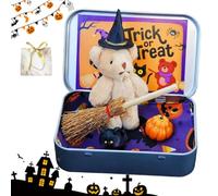 Halloween Teddy Bear in A Box with Wizard Hat, Handmade Plush Pocket Teddy Bears in Box Kit with Wizard Hat, Witch Blanket, Broom, Pumpkin & Cat, Ideal (Beige)