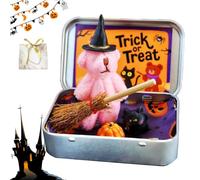 Halloween Teddy Bear in A Box with Wizard Hat, Handmade Plush Pocket Teddy Bears in Box Kit with Wizard Hat, Witch Blanket, Broom, Pumpkin & Cat, Ideal (Pink)