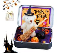 Halloween Teddy Bear in A Box with Wizard Hat, Handmade Plush Pocket Teddy Bears in Box Kit with Wizard Hat, Witch Blanket, Broom, Pumpkin & Cat, Ideal (White)